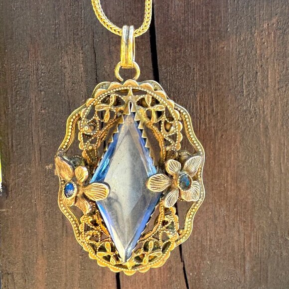Victorian Blue Glass Diamond Shaped Filigree Pendant Necklace Gold Tone - Picture 6 of 8